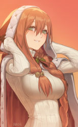 Rule 34 | 1girl, absurdres, arms up, artist name, bell, breasts, brown hair, cloak, fur trim, girls&#039; frontline, green eyes, hair bell, hair between eyes, hair ornament, haje, highres, hood, hooded cloak, jingle bell, large breasts, long hair, looking at viewer, official alternate costume, parted lips, ribbed sweater, signature, smile, solo, springfield (girls&#039; frontline), springfield (o holy night) (girls&#039; frontline), sweater, upper body, white sweater