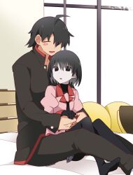 Rule 34 | 1boy, 1girl, :d, ahoge, araragi koyomi, arm between legs, arms around waist, bed, bed sheet, bedroom, black eyes, black gloves, black hair, black jacket, black necktie, black pants, black pantyhose, black shirt, black undershirt, blush, blush stickers, bob cut, breasts, closed eyes, collaboration, colored skin, commentary, empty eyes, expressionless, feet out of frame, front to back, gakuran, gloves, grey skirt, hair over eyes, hair over one eye, hammer (sunset beach), hand on another&#039;s hand, headboard, hetero, highres, hug, hug from behind, jacket, juliet sleeves, knees together feet apart, knees up, long sleeves, looking at viewer, monogatari (series), naoetsu high school uniform, necktie, no shoes, on bed, open mouth, oshino ougi, pale skin, pants, pantyhose, parted lips, pink shirt, pleated skirt, puffy sleeves, school uniform, second-party source, shirt, short hair, shoutai (mtj5n), sitting, skirt, small breasts, smile, spooning, surprised, turning head, turtleneck, white skin, window