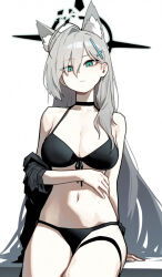 Rule 34 | 1girl, ahoge, animal ear fluff, animal ears, bikini, black bikini, black choker, blue archive, blue eyes, breasts, broken halo, choker, cleavage, closed mouth, commentary request, cowboy shot, cross, cross hair ornament, dark halo, extra ears, front-tie bikini top, front-tie top, grey hair, hair ornament, hair over shoulder, halo, hand on own stomach, highres, inverted cross, long hair, looking at viewer, medium breasts, navel, off shoulder, semu (zgom1251129), shiroko (blue archive), shiroko terror (blue archive), simple background, sitting, solo, swimsuit, thigh strap, very long hair, white background
