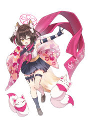 Rule 34 | 1girl, animal ears, blue archive, brown hair, fox ears, fox tail, full body, hair between eyes, izuna (blue archive), one eye closed, open mouth, shan (ti0n), short hair, simple background, smile, solo, tail, white background, yellow eyes
