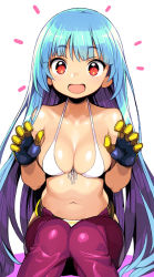 Rule 34 | 1girl, bikini, blue hair, gloves, himehajime, looking at viewer, open mouth, red eyes, solo, swimsuit, thighhighs, zettai ryouiki