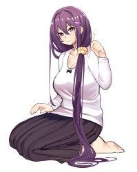 Rule 34 | 1girl, absurdres, bare shoulders, black skirt, breasts, casual, collarbone, commentary, doki doki literature club, english commentary, full body, hair between eyes, hair ornament, hair over shoulder, hair scrunchie, hairclip, hand up, highres, lap pillow invitation, large breasts, long hair, long skirt, long sleeves, looking at viewer, mimikaki, nail polish, otxoa60, pink nails, purple eyes, purple hair, scrunchie, seiza, shirt, simple background, sitting, skirt, smile, solo, very long hair, white background, white shirt, yellow scrunchie, yuri (doki doki literature club)
