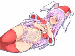 Rule 34 | 1girl, alternate costume, animal ears, blush, breast hold, breasts, breasts squeezed together, crotchless, crotchless panties, female pubic hair, from above, gloves, hachi (chihagura), hat, large breasts, long hair, looking at viewer, panties, pubic hair, purple hair, rabbit ears, red eyes, red gloves, red thighhighs, reisen udongein inaba, santa hat, see-through, simple background, thigh gap, thighhighs, thighs, touhou, uncensored, underwear, very long hair, white background