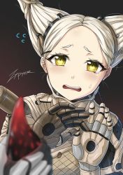 Rule 34 | 1girl, blonde hair, bodysuit, hair ornament, hairclip, hand up, humanization, kuva, open mouth, out of frame, tears, warframe, white hair, worm queen (warframe), yellow eyes, zxpfer