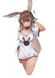 Rule 34 | 1girl, :o, ?, ??, absurdres, alternate costume, amiya (arknights), animal ear fluff, animal ears, animal print, arknights, arm up, bandaid, bandaid on leg, bite mark, blue eyes, blush, bracelet, breasts, brown hair, cleavage, collar, collarbone, cropped legs, dated, hair down, hand in own hair, highres, hinanawi mika, infection monitor (arknights), jewelry, long hair, looking at viewer, medium breasts, no pants, notched ear, off shoulder, open mouth, print shirt, rabbit ears, rabbit girl, rabbit print, rabbit tail, shirt, short sleeves, simple background, single bare shoulder, tail, thighs, very long hair, white background