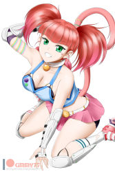Rule 34 | 1girl, aqua eyes, arm strap, arm up, asymmetrical sleeves, bell, belt, between legs, bike shorts, black shorts, blunt bangs, breasts, cat tail, cleavage, collar, collarbone, crop top, detached sleeves, facial mark, full body, green eyes, grin, hand between legs, hand in own hair, heart, highres, inline skates, jingle bell, kimmy77, large breasts, long hair, long sleeves, looking at viewer, medium breasts, midriff, miniskirt, multicolored hair, neck bell, neon katt, orange hair, patreon logo, pink footwear, pink hair, pink skirt, pleated skirt, purple sleeves, red hair, roller skates, rwby, seiza, shiny skin, shoes, short shorts, shorts, shorts under skirt, simple background, sitting, skates, skirt, smile, sneakers, solo, tail, torn clothes, torn legwear, twintails, two-tone hair, uneven sleeves, vambraces, wariza, watermark, white background, white legwear