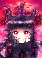 Rule 34 | 1girl, akaishi kuroe, black hair, close-up, cover, cover image, cover page, fingernails, hair horns, hands on own face, harugon, heart, heart-shaped pupils, kaijuu, looking at viewer, manga cover, naki ringo, official art, otome kaijuu carameliser, red eyes, symbol-shaped pupils, textless version