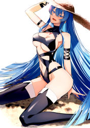 Rule 34 | 1girl, akame ga kill!, arm strap, black one-piece swimsuit, black thighhighs, blue eyes, blue hair, boots, breasts, chest tattoo, cleavage, cleavage cutout, clothing cutout, cluseller, commentary, esdeath, feet out of frame, hair between eyes, hand on headwear, hat, large breasts, long hair, looking at viewer, midriff, navel, one-piece swimsuit, open mouth, sand, sidelocks, simple background, sitting, smile, solo, straight hair, straw hat, sunlight, swimsuit, tattoo, thigh boots, thighhighs, underboob, very long hair, white background