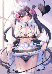 Rule 34 | 1girl, apron, ayuma sayu, bikini, black hair, breasts, cleavage, clothes lift, demon girl, demon tail, frilled apron, frills, garter straps, highres, large breasts, looking at viewer, maid, maid apron, maid bikini, maid headdress, original, panties, red eyes, skirt, skirt lift, smile, swimsuit, tail, thick thighs, thigh gap, thighhighs, thighs, twintails, unconventional maid, underwear