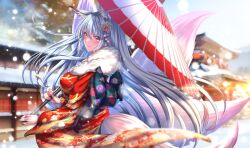 Rule 34 | 1girl, animal ears, blurry, blurry background, closed mouth, extra ears, floral print, floral print kimono, flower, fox ears, fox girl, fox tail, hair flower, hair ornament, holding, holding umbrella, indie virtual youtuber, japanese clothes, kamishiro natsume, kimono, kitsune, long hair, looking at viewer, multiple tails, oil-paper umbrella, outdoors, rairaisuruyo, smile, snow, snowing, solo, tail, umbrella, virtual youtuber, white hair, wide sleeves