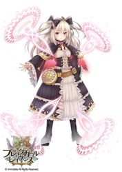 Rule 34 | 1girl, akatsuki rabbit, ankle boots, belt, black bow, black footwear, black pantyhose, blonde hair, boots, bow, brave girl ravens, brooch, capelet, clock, copyright name, corset, cross-laced footwear, dress, fingernails, full body, hair bow, highres, jewelry, lace-up boots, long hair, looking at viewer, magic, nail polish, official art, overskirt, pantyhose, red bow, red eyes, red nails, sheskarna (brave girl ravens), smile, solo, standing, two side up, white background, white dress
