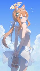 Rule 34 | absurdres, animal ear fluff, back, bikini, blue archive, blue sky, broken (7589468), cloud, cloudy sky, cowboy shot, flower, hair ornament, hair ribbon, halo, highres, holding, holding clothes, holding footwear, looking back, mari (blue archive), orange hair, ribbon, sky, smile, swimsuit, white bikini, white flower, yellow halo