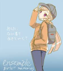 Rule 34 | 1girl, backpack, bag, blue bag, blue pants, blush, brown hoodie, closed mouth, copyright name, ehon chioka, ensemble girls!, hand in pocket, hat, hood, hood down, hoodie, light blue background, looking at viewer, pants, pink hair, purple eyes, sakaki mutsumi, sketch, solo, translation request, twintails