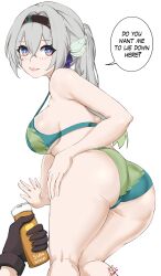 Rule 34 | 1girl, 1other, absurdres, arm support, ass, bare arms, bare shoulders, bikini, breasts, commentary, firefly (honkai: star rail), green bikini, grey hair, grin, highres, holding, honkai: star rail, honkai (series), kagurachi, long hair, looking at viewer, lotion, medium breasts, ponytail, purple eyes, sidelocks, simple background, smile, speech bubble, standing, sunscreen, swimsuit, thighs, white background