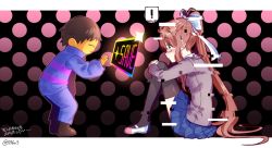 Rule 34 | 1girl, = =, androgynous, black background, black thighhighs, blue skirt, blush, bow, breasts, brown hair, closed mouth, colored skin, commentary request, crossover, doki doki literature club, fetal position, frisk (undertale), full body, glitch, gradient background, green eyes, hair bow, hugging own legs, knees up, leaning forward, long hair, long sleeves, looking at another, medium breasts, monika (doki doki literature club), nan, nose blush, outstretched arm, pink background, pleated skirt, polka dot, polka dot background, ponytail, ribbon, school uniform, shirt, shoes, sidelocks, signature, simple background, sitting, skirt, speech bubble, spoilers, standing, striped clothes, striped sweater, sweater, tearing up, tears, thighhighs, undertale, uwabaki, white footwear, yellow skin