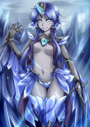 Rule 34 | 1girl, alternate costume, anivia, blue eyes, blue hair, claws, colored skin, dark-skinned female, dark skin, evil, feathered wings, grey skin, harpy, highres, ice, league of legends, matching hair/eyes, monster girl, nam (valckiry), navel, personification, short hair, short hair with long locks, snow, solo, tail, winged arms, wings