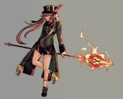 Rule 34 | 1girl, absurdres, black dress, brown hair, dress, fire, flower, full body, genshin impact, grey background, hat, highres, hu tao (genshin impact), huge filesize, lazeuli, long sleeves, md5 mismatch, plum blossoms, red eyes, resolution mismatch, self-upload, smile, solo, source smaller, staff of homa, symbol-shaped pupils, wind