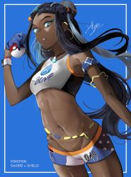 Rule 34 | 1girl, absurdres, armlet, bad id, bad pixiv id, bare shoulders, bikini, black hair, blue background, blue eyes, blue gloves, blue hair, blue shorts, bra, breasts, cizzi, commentary request, copyright name, creatures (company), crop top, dark-skinned female, dark skin, ear piercing, earrings, forehead, game freak, gloves, gradient hair, grey hair, groin, gym leader, hair ornament, half gloves, hand up, highres, holding, holding poke ball, hoop earrings, jewelry, long hair, looking at viewer, lowleg, lowleg shorts, multicolored hair, navel, nessa (pokemon), nintendo, parted lips, piercing, poke ball, poke ball (basic), pokemon, pokemon swsh, short shorts, shorts, signature, small breasts, solo, swimsuit, tankini, two-tone background, underwear, very long hair, white background, white bra, wristband