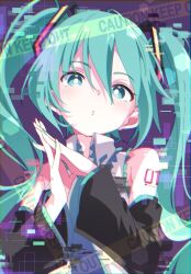 Rule 34 | 1girl, aqua eyes, aqua hair, aqua nails, aqua necktie, black sleeves, caution tape, commentary, detached sleeves, fingernails, glitch, hair between eyes, hatsune miku, ixy, long hair, looking at viewer, nail polish, necktie, own hands together, parted lips, shirt, shoulder tattoo, solo, symbol-only commentary, tattoo, twintails, upper body, vocaloid, white shirt