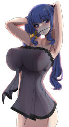 Rule 34 | 1girl, adjusting hair, armpits, arms behind back, blue eyes, blue hair, blush, breasts, collarbone, female pubic hair, hair between eyes, hair down, hair ornament, hair stick, heart, highres, in mouth, kaku seiga, large breasts, light blue hair, lingerie, long hair, looking at viewer, looking to the side, mouth hold, negligee, nightgown, nipples, pubic hair, textless version, touhou, underwear, white background, yukito (dreamrider)