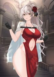 Rule 34 | alternate costume, black gloves, breasts, brown eyes, clothing cutout, coat, coat on shoulders, cocktail dress, collarbone, dress, gloves, goddess of victory: nikke, grey hair, hair intakes, hair ribbon, highres, jewelry, juliet november, large breasts, long hair, navel cutout, necklace, pelvic curtain, ponytail, red dress, red ribbon, ribbon, scar, scar on stomach, sharp teeth, stomach cutout, teeth, thighs, white coat, yulha (nikke)