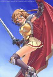 Rule 34 | 1girl, :d, armor, armored shoes, belt, black belt, black socks, blue eyes, blue sky, boobplate, breastplate, brown gloves, brown hair, cape, cape hold, circle name, commentary request, elbow gloves, full body, gauntlets, gloves, grey horns, hair between eyes, holding, holding polearm, holding weapon, horns, kazuma muramasa, kneehighs, lance, long hair, looking at viewer, lord knight (ragnarok online), miniskirt, open mouth, pauldrons, polearm, poleyn, ragnarok online, red cape, shoulder armor, skirt, sky, smile, socks, solo, teeth, watermark, weapon, web address, yellow skirt