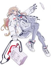 Rule 34 | 1girl, blonde hair, blue eyes, boots, commentary, container, full body, gloves, highres, hose, jacket, long hair, nasa logo, nike (company), original, shoes, sneakers, solo, tarou2, white background, white footwear, white gloves, white jacket