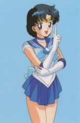 Rule 34 | 1990s (style), 1girl, bishoujo senshi sailor moon, blue background, blue choker, blue eyes, blue hair, blue sailor collar, blue skirt, blue theme, bow, brooch, choker, collarbone, cowboy shot, diadem, earrings, elbow gloves, feet out of frame, female focus, gloves, index finger raised, jewelry, legs together, leotard, looking at viewer, magical girl, miniskirt, mizuno ami, official art, open mouth, plaid, pleated skirt, retro artstyle, sailor collar, sailor mercury, sailor senshi, sailor senshi uniform, school uniform, serafuku, short hair, short sleeves, simple background, skirt, smile, solo, standing, stud earrings, tadano kazuko, tiara, white gloves