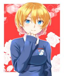 Rule 34 | 1girl, beni (bluebluesky), black necktie, blonde hair, blue eyes, blue sweater, braid, closed mouth, commentary, darjeeling (girls und panzer), dress shirt, emblem, floral background, flower, girls und panzer, highres, long sleeves, looking at viewer, necktie, outline, outside border, red background, rose, school uniform, shirt, short hair, sleeves past wrists, smile, solo, st. gloriana&#039;s (emblem), st. gloriana&#039;s school uniform, sweater, twin braids, upper body, v-neck, white outline, white shirt, wing collar