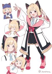 Rule 34 | :d, @ @, animal ear headphones, black skirt, black thighhighs, blonde hair, blue archive, blue headwear, blue necktie, bow, cat ear headphones, closed mouth, collared shirt, fake animal ears, full body, hair bow, headphones, highres, jacket, jacket partially removed, kanohara (63xmrr), light blush, long sleeves, looking at viewer, momoi (blue archive), multiple views, necktie, off shoulder, open mouth, pink eyes, pleated skirt, red bow, red footwear, shirt, simple background, skirt, smile, standing, tearing up, thighhighs, twitter username, white background