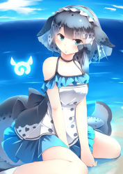 Rule 34 | 10s, 1girl, absurdres, alternate costume, beach, black bow, blue eyes, blue skirt, blush, bow, breasts, cetacean tail, closed mouth, day, fins, fish tail, grey hair, hair bow, head tilt, highres, japari symbol, kanzakietc, kemono friends, long hair, looking at viewer, medium breasts, multicolored hair, narwhal (kemono friends), outdoors, sitting, skirt, smile, socks, solo, tail, wariza, white hair, white socks