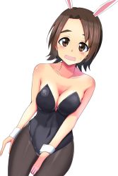 Rule 34 | 1girl, animal ears, bare shoulders, black leotard, black pantyhose, blush, breasts, brown eyes, brown hair, cleavage, collarbone, covered navel, fake animal ears, girls und panzer, groin, large breasts, leotard, looking at viewer, open mouth, pantyhose, playboy bunny, rabbit ears, sawa azusa, shiny skin, short hair, simple background, solo, standing, tongue, tsuru (tsubasa1993621), white background