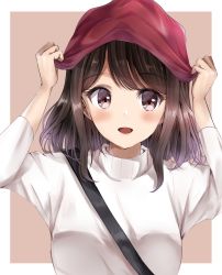 Rule 34 | 1girl, :d, absurdres, arms up, beanie, blush, breasts, brown background, brown eyes, brown hair, commentary request, hat, highres, long sleeves, looking at viewer, open mouth, original, red hat, shirt, sin (sin52y), small breasts, smile, solo, two-tone background, upper body, white background, white shirt