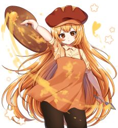 Rule 34 | 1girl, apron, black skirt, breasts, brown apron, brown eyes, butter pretzel cookie, cabbie hat, cookie run, food-themed hat, hat, highres, holding, holding knife, holding palette, humanization, kimautomne, knife, long hair, looking at viewer, medium breasts, orange hair, palette (object), palette knife, personification, shirt, short sleeves, skirt, solo, sweat, very long hair, white shirt