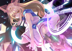 Rule 34 | 1girl, armor, blonde hair, blue dress, blurry, blurry foreground, bow, commentary, cuffs, depth of field, drawstring, dress, english text, floating, greaves, grey footwear, grin, hair bow, hood, hood down, hooded dress, horns, ibuki suika, long hair, looking at viewer, medium dress, red bow, romaji text, shackles, sleeveless, sleeveless dress, smile, solo, tendou kaoru, touhou, yellow eyes