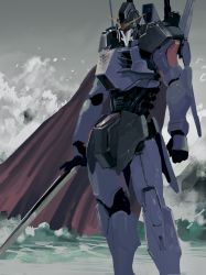 Rule 34 | assault visor, cape, clenched hand, gundam, gundam mk iii, gundam msv, highres, holding, holding sword, holding weapon, mecha, mobile suit, red cape, redesign, rintaro komori, robot, science, solo, sword, v-fin, water, waves, weapon