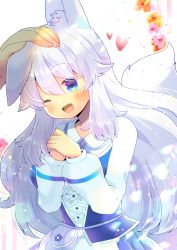Rule 34 | 1girl, ;d, animal ears, blue eyes, blue skirt, blush, commentary request, fang, floral background, hair between eyes, hands up, happy, headpat, heart, indie virtual youtuber, kou hiyoyo, long hair, long sleeves, lumi (merryweather), one eye closed, open mouth, out of frame, own hands together, pleated skirt, puffy long sleeves, puffy sleeves, shirt, silver hair, skirt, smile, solo focus, tail, tail raised, very long hair, virtual youtuber, white background, white shirt, wolf ears, wolf girl, wolf tail