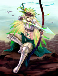 Rule 34 | 1boy, archery, armor, arrow (projectile), bird, blonde hair, bow (weapon), breastplate, brown gloves, cape, closed mouth, commentary request, drawing bow, emblem, expressionless, feather hair ornament, feathers, fingerless gloves, full body, gauntlets, gloves, gradient hair, green cape, green hair, hair ornament, holding, holding bow (weapon), holding weapon, leg armor, long hair, looking afar, male focus, midriff, misuguu, multicolored hair, navel, pauldrons, pixiv fantasia, pixiv fantasia 5, pointy ears, rock, shoulder armor, solo, standing, stomach tattoo, tattoo, very long hair, waist cape, weapon