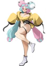 Rule 34 | 1girl, aqua hair, bottomless, bow-shaped hair, character hair ornament, commentary, creatures (company), english commentary, full body, game freak, grin, hair ornament, highres, iono (pokemon), jacket, leg up, long hair, looking at viewer, low-tied long hair, multicolored hair, navel, nintendo, oversized clothes, pink hair, pokemon, pokemon sv, rakeemspoon, sharp teeth, shirt, simple background, single leg pantyhose, sleeveless, sleeveless shirt, sleeves past fingers, sleeves past wrists, smile, solo, standing, standing on one leg, stomach, teeth, thigh strap, two-tone hair, very long hair, white background, yellow jacket
