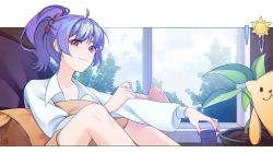 Rule 34 | 1girl, ahoge, blue hair, closed mouth, cloud, cloudy sky, collared shirt, copyright request, cup, framed, hair ornament, hair scrunchie, highres, holding, holding cup, indoors, legs, long sleeves, nail polish, original, pillow, pink eyes, plant, ponytail, red nails, scrunchie, shirt, short eyebrows, shwwma, signature, sitting, sky, smile, solo, sun, tree, white shirt, window