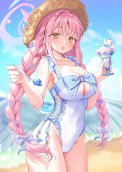 Rule 34 | 1girl, beach, blue archive, blush, braid, breasts, cup, curvy, food, glasses, hat, highres, holding, holding cup, holding spoon, ice cream, large breasts, long hair, looking at viewer, mika (blue archive), mikeneko mari, one-piece swimsuit, outdoors, pink hair, solo, spoon, swimsuit, thighs, yellow eyes
