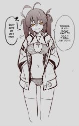Rule 34 | 1girl, puff of air, bikini, breasts, brown hair, cowboy shot, cropped legs, english text, girls&#039; frontline, grey background, hands in pockets, hard-translated, highres, jacket, long hair, looking at viewer, m14 (girls&#039; frontline), medium breasts, navel, open clothes, open jacket, profanity, shaded face, simple background, sketch, smile, solo, speech bubble, swimsuit, thighhighs, third-party edit, two side up, warashi, yellow eyes