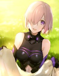 Rule 34 | 1girl, :d, backlighting, bad id, bad pixiv id, breasts, breasts apart, chiicoo, clothing cutout, day, elbow gloves, fate/grand order, fate (series), foreshortening, gloves, hair over one eye, halterneck, holding, leotard, mash kyrielight, medium breasts, midriff, narrow waist, navel, navel cutout, open mouth, outdoors, pink hair, purple eyes, short hair, skin tight, smile, solo, stomach, upper body