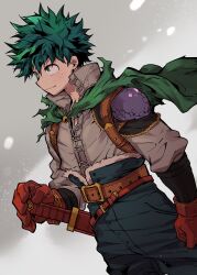 Rule 34 | 1boy, alternate universe, arm at side, belt, belt buckle, blue pants, boku no hero academia, bright pupils, brown belt, buckle, buttons, cape, check clothing, chiyaya, closed mouth, clothing request, dutch angle, floating cape, freckles, from side, fur-trimmed pants, fur trim, gloves, green cape, green eyes, green hair, grey background, grey shirt, hair between eyes, hand on hilt, hand up, high-waist pants, highres, looking ahead, looking away, male focus, midoriya izuku, official alternate costume, open collar, pants, partially unbuttoned, profile, red gloves, sheath, sheathed, shirt, short hair, sideways mouth, single shoulder pad, smile, solo, toggles, torn cape, torn clothes, upper body, white pupils, yellow brooch
