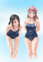 Rule 34 | 2girls, arms behind back, artist request, bent over, black hair, blue background, blue eyes, blue one-piece swimsuit, blue school swimsuit, blush, breast envy, breasts, cleavage, collarbone, covered navel, feet out of frame, female focus, fujiwara chika, gradient background, highres, kaguya-sama wa kokurasetai ~tensai-tachi no renai zunousen~, large breasts, looking at another, looking at breasts, looking at viewer, medium hair, multiple girls, old school swimsuit, one-piece swimsuit, pink hair, red eyes, school swimsuit, shinomiya kaguya, short hair, sideboob, simple background, small breasts, smile, standing, swimsuit, thighs