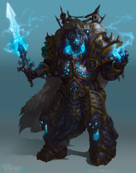Rule 34 | 1boy, absurdres, alexeykruglov, armor, arthas menethil, blue eyes, cape, chaos (warhammer), character name, commentary, crown, daemon primarch, demon, english commentary, frostmourne, full body, fur cape, gauntlets, glowing, glowing eyes, glowing sword, glowing weapon, greaves, helmet, highres, holding, holding sword, holding weapon, looking at viewer, male focus, pelvic curtain, primarch, skull, solo, spiked, standing, sword, warcraft, warhammer 40k, weapon