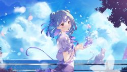Rule 34 | 1girl, absurdres, blue hair, blush, cat, cloud, cloudy sky, colored inner hair, commentary request, day, double bun, flower, from side, hair bun, hair ribbon, highres, hololive, kashima ema, looking at viewer, looking to the side, multicolored hair, outdoors, purple flower, purple hair, purple ribbon, red eyes, ribbon, shirt, short sleeves, sky, solo, upper body, uruha rushia, virtual youtuber, white cat, white shirt