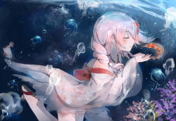 Rule 34 | 1girl, blush, braid, bubble, closed mouth, coral, cupping hands, dutch angle, flower, from side, hair flower, hair ornament, highres, ivy1993, japanese clothes, kimono, long hair, own hands together, parted lips, pink hair, profile, sandals, sergestid shrimp in tungkang, shrimp, single braid, underwater, water, xuan ying