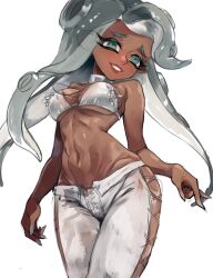 Rule 34 | 1girl, breasts, choker, cowboy shot, cross-laced slit, dark-skinned female, dark skin, detached collar, green eyes, grey hair, highres, hip bones, jajanome, large breasts, long hair, looking at viewer, marina (splatoon), midriff, mole, mole under mouth, navel, nintendo, octoling girl, octoling player character, parted lips, red lips, sketch, smile, solo, splatoon (series), splatoon 2, splatoon 3, tentacle hair, white background