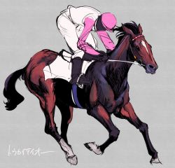 Rule 34 | 1boy, 1other, bridle, faceless, faceless male, grey background, hat, highres, horse, jockey, pink headwear, real life, reins, riding, saddle, sketch, stirrups (riding), takatsuki nato, tokai teio (racehorse)